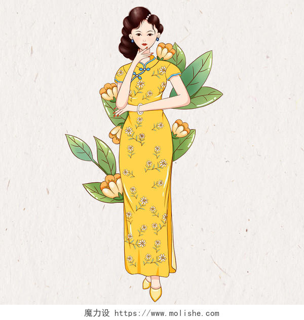 卡通气质旗袍中国风美丽女子女人插画素材png